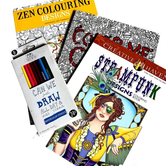 Lot Of 3 Adult Coloring Books Mixed Lot and 24 water color pencels - Picture 1 of 16